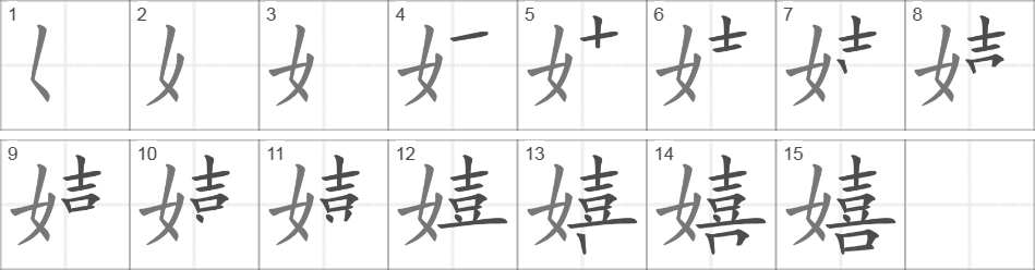 Написание иероглифа 嬉