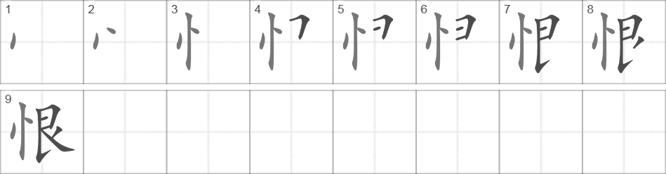 Написание иероглифа 恨