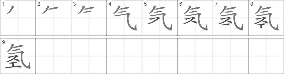 Написание иероглифа 氢