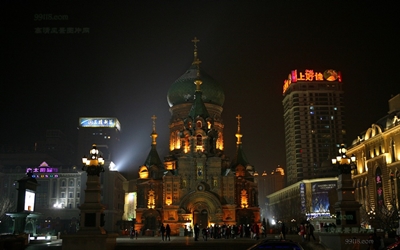 Православный храм, ночь, Харбин